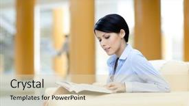  Presentation with business book - Colorful PPT layouts enhanced with books magazines - business woman rests backdrop and a lemonade colored foreground