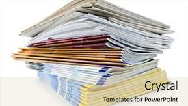  Presentation with pile - Slide deck enhanced with books magazines - printed paper publications stacked background and a soft green colored foreground