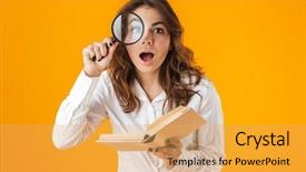  Presentation with magnifying lens over - Colorful presentation theme enhanced with books magnifier - cheerful young woman casualy dressed backdrop and a yellow colored foreground