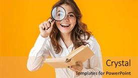  Presentation with magnifying lens over - Audience pleasing presentation consisting of books magnifier - cheerful young woman casualy dressed backdrop and a yellow colored foreground
