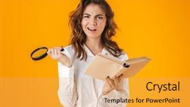  Presentation with magnifying lens over - Presentation enhanced with books magnifier - cheerful young woman casualy dressed background and a yellow colored foreground