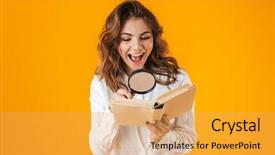  Presentation with magnifying glass - Colorful slides enhanced with books magnifier - cheerful young woman casualy dressed backdrop and a yellow colored foreground
