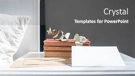  Presentation with retro - Cool new slide deck with books-on-retro-white-table backdrop and a dark gray colored foreground