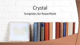  Presentation with tan book stack stacks of books - Cool new PPT theme with books on shelf on wall backdrop and a white colored foreground