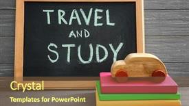  Presentation with study abroad - Presentation theme consisting of books on table education abroad background and a tawny brown colored foreground