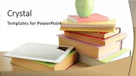  Presentation with apple on open books - Amazing slide deck having books pc tablet and apple backdrop and a white colored foreground