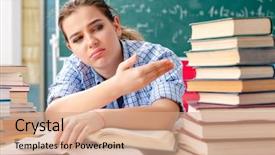  Presentation with many books - PPT theme consisting of books sitting in the classroom background and a coral colored foreground