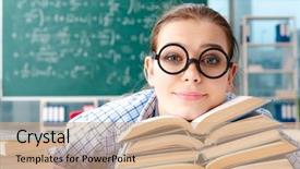 Presentation with many books - Audience pleasing presentation design consisting of books sitting in the classroom backdrop and a coral colored foreground