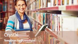  Presentation with stack books - Slide deck having books standing by bookshelf background and a coral colored foreground