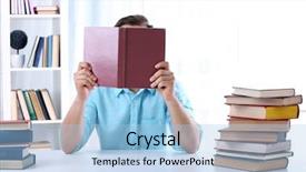  Presentation with reading table - Amazing slide set having books study - young man reading book backdrop and a light blue colored foreground