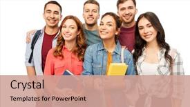  Presentation with high school students - Amazing PPT layouts having books taking selfie over white backdrop and a coral colored foreground