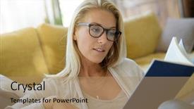  Presentation with aged - Colorful theme enhanced with books technology - middle-aged woman at home reading backdrop and a coral colored foreground