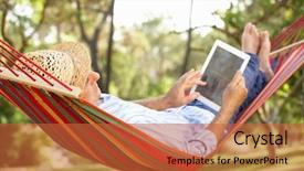  Presentation with relaxing - Cool new presentation design with books technology - senior man relaxing in hammock backdrop and a red colored foreground