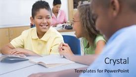  Presentation with pupils reading - Cool new PPT theme with books whilst seated at desk backdrop and a  colored foreground