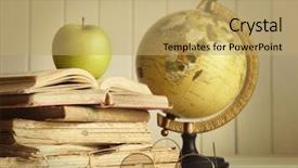  Presentation with apple on open books - Beautiful PPT theme featuring books with apple and globe backdrop and a yellow colored foreground