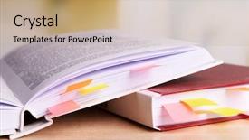  Presentation with bright - Cool new presentation theme with books with bookmarks on table backdrop and a coral colored foreground