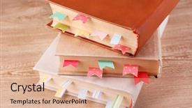  Presentation with blank note book and wooden - Presentation having books with bookmarks on wooden background and a coral colored foreground