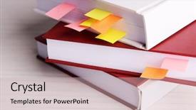  Presentation with books - Colorful slides enhanced with books with bookmarks on wooden backdrop and a soft green colored foreground