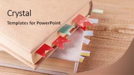  Presentation with blank note book and wooden - Slide deck having books with bookmarks on wooden background and a lemonade colored foreground