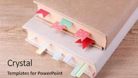  Presentation with blank note book and wooden - Theme enhanced with books with bookmarks on wooden background and a lemonade colored foreground