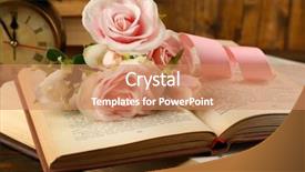  Presentation with books flowers - PPT theme featuring books with flowers and clock on wooden background background and a coral colored foreground