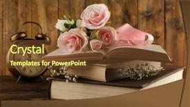  Presentation with books flowers - Presentation theme having books with flowers and clock on wooden background background and a tawny brown colored foreground