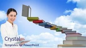  Presentation with apple on open books - Audience pleasing PPT layouts consisting of books with open door backdrop and a sky blue colored foreground