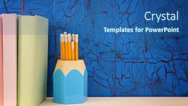  Presentation with blue orange - PPT theme enhanced with books with orange pencils on blue wooden background background and a ocean colored foreground