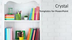  Presentation with decor - PPT theme with bookshelf - books and decor on shelves background and a light gray colored foreground
