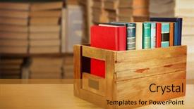  Presentation with books - Cool new slide deck with bookshelf - books in wooden crate backdrop and a gold colored foreground