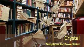  Presentation with library - Slide deck featuring bookshelf - flying books on library bookshelves background and a tawny brown colored foreground