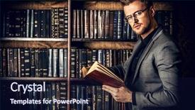  Presentation with well - Colorful slide set enhanced with bookshelf - handsome well-dressed man stands backdrop and a navy blue colored foreground