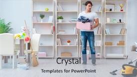  Presentation with home cleaning service - Audience pleasing slides consisting of bookshelf - man doing cleaning at home backdrop and a light gray colored foreground