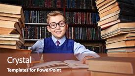  Presentation with many books - Slide set featuring bookshelf - smart boy in a suit background and a tawny brown colored foreground