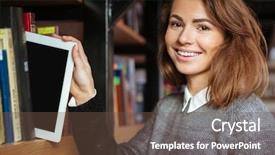  Presentation with electronic library - Audience pleasing PPT layouts consisting of bookshelf at the library backdrop and a tawny brown colored foreground