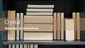  Presentation with piles - Slide set with bookshelf-with-series-of-books background and a coral colored foreground