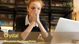  Presentation with books on bookshelf in library - Colorful PPT theme enhanced with bookshelves - image of serious redhead woman backdrop and a tawny brown colored foreground
