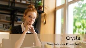  Presentation with books on bookshelf in library - Audience pleasing slide deck consisting of bookshelves - image of young caucasian woman backdrop and a coral colored foreground