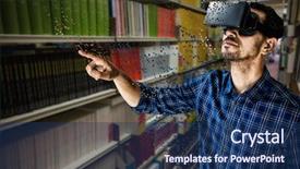  Presentation with library - Beautiful presentation theme featuring bookshelves in the library backdrop and a navy blue colored foreground