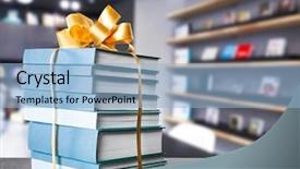  Presentation with book holy bible table - Audience pleasing slide set consisting of bookshop - books with ribbon bow backdrop and a light blue colored foreground