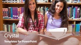  Presentation with worried female college student for health check up - PPT theme consisting of bookshop - smiling female students background and a coral colored foreground