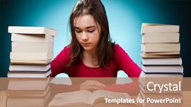  Presentation with bookshop - Presentation theme enhanced with bookshop - student sitting close to pile background and a  colored foreground