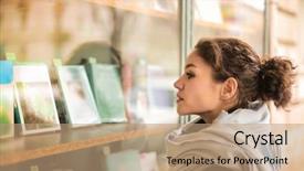 Presentation with book store - Amazing presentation design having bookshop - young woman looking backdrop and a coral colored foreground