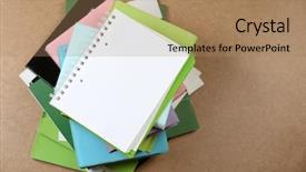  Presentation with magazines - Beautiful presentation theme featuring bookstore advertising - notebook on top of pile backdrop and a  colored foreground