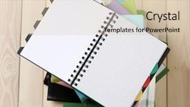  Presentation with magazines - Beautiful PPT theme featuring bookstore advertising - notebook on top of pile backdrop and a  colored foreground