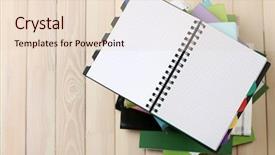  Presentation with magazines - Colorful PPT layouts enhanced with bookstore advertising - notebook on top of pile backdrop and a  colored foreground