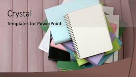  Presentation with magazines - Slide set consisting of bookstore advertising - notebook on top of pile background and a  colored foreground