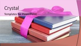  Presentation with stack books - Slides with bookstore advertising - stack of books with ribbon background and a lilac colored foreground