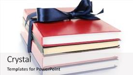  Presentation with stack books - Amazing PPT layouts having bookstore advertising - stack of books with ribbon backdrop and a  colored foreground