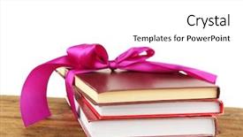  Presentation with stack books - PPT theme consisting of bookstore advertising - stack of books with ribbon background and a  colored foreground